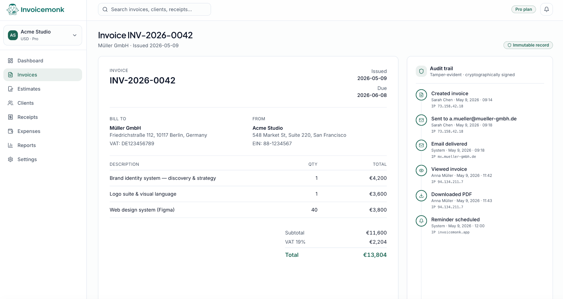 Invoicemonk invoice with immutable record badge and audit trail